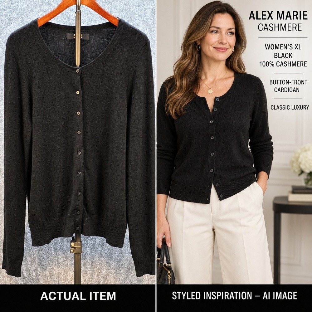 Alex Marie Cardigan Women 100% Cashmere Button Front Black XL Excellent Classic
